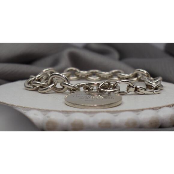 Tiffany & Co. 925 Round Tag Lobster Claw Charm Bracelet 36.23G / 7.5in / 10mm - Picture 2 of 5